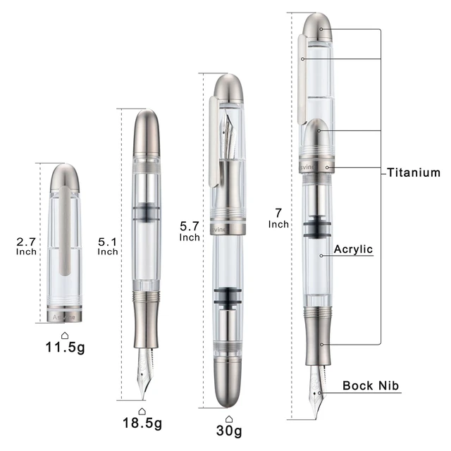 Alt view image 6 of 7 - P36 Titanium Fountain Pen Piston Filling, Bock Fine Nib Clear Transparent Acrylic Smooth Writing Pen Case Set