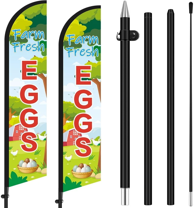 Main image of 2 Sets Farm Fresh Eggs Feather Banner Flag Kit 12ft Advertising Feather Flags with Flag Poles Windless Business Flags Banner Sign for Farm Fresh Eggs Outside Business