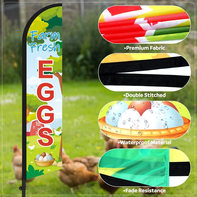 Alt view image 3 of 7 - 2 Sets Farm Fresh Eggs Feather Banner Flag Kit 12ft Advertising Feather Flags with Flag Poles Windless Business Flags Banner Sign for Farm Fresh Eggs Outside Business