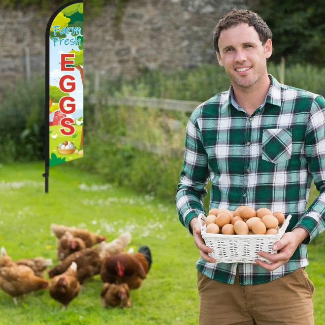 Alt view image 6 of 7 - 2 Sets Farm Fresh Eggs Feather Banner Flag Kit 12ft Advertising Feather Flags with Flag Poles Windless Business Flags Banner Sign for Farm Fresh Eggs Outside Business