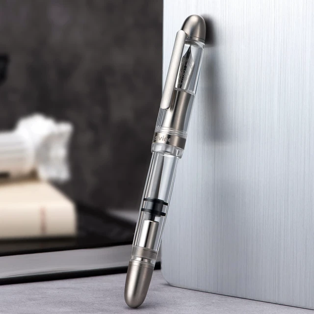 Alt view image 2 of 7 - P36 Titanium Fountain Pen Clear Transparent Acrylic Piston Filling Pen, Bock Broad Nib Smooth Writing Pen Case Set