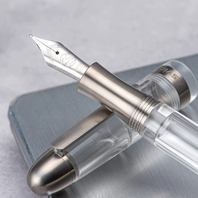 Alt view image 4 of 7 - P36 Titanium Fountain Pen Clear Transparent Acrylic Piston Filling Pen, Bock Broad Nib Smooth Writing Pen Case Set