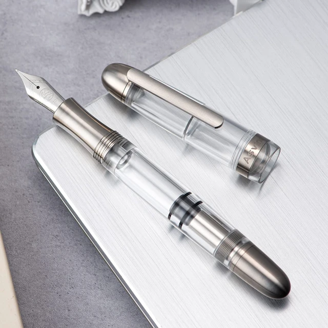 Alt view image 3 of 7 - P36 Titanium Fountain Pen Clear Transparent Acrylic Piston Filling Pen, Bock Broad Nib Smooth Writing Pen Case Set