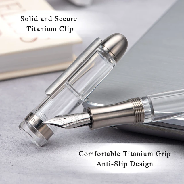 Alt view image 7 of 7 - P36 Titanium Fountain Pen Clear Transparent Acrylic Piston Filling Pen, Bock Broad Nib Smooth Writing Pen Case Set