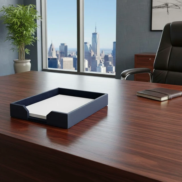 Alt view image 3 of 7 - Bonded Leather Desktop Letter Tray - Luxury Letter Holder & Paper Organizer for Desk - Office Organization & Executive Desk Decor - (Navy Blue) 13.5 x 10.5 x 2