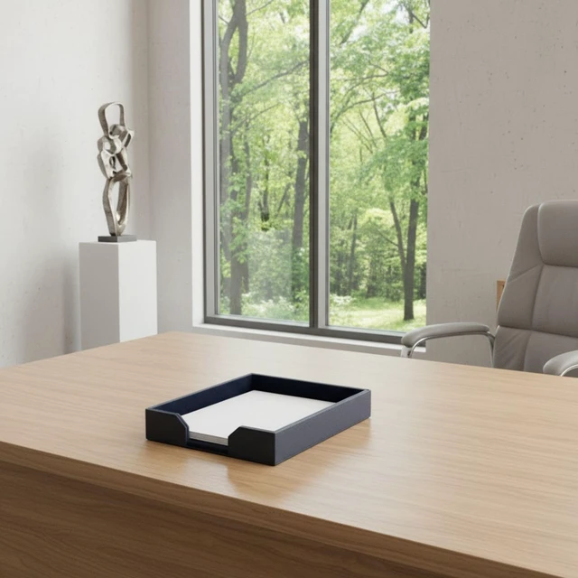 Alt view image 4 of 7 - Bonded Leather Desktop Letter Tray - Luxury Letter Holder & Paper Organizer for Desk - Office Organization & Executive Desk Decor - (Navy Blue) 13.5 x 10.5 x 2