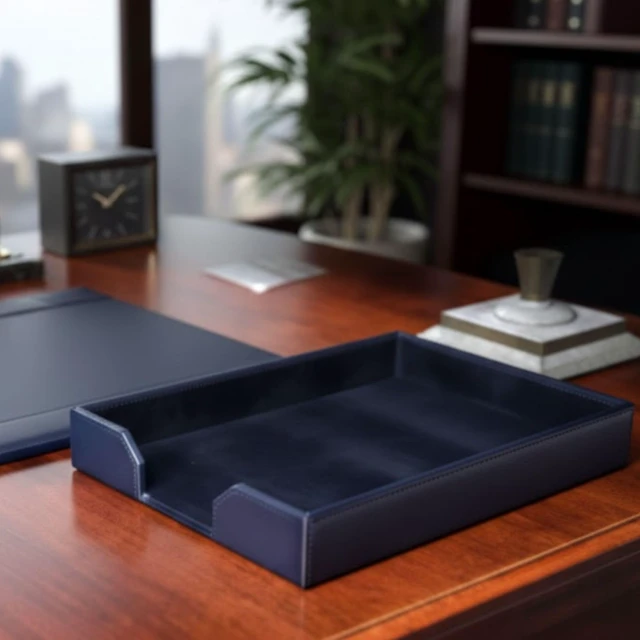 Alt view image 6 of 7 - Bonded Leather Desktop Letter Tray - Luxury Letter Holder & Paper Organizer for Desk - Office Organization & Executive Desk Decor - (Navy Blue) 13.5 x 10.5 x 2