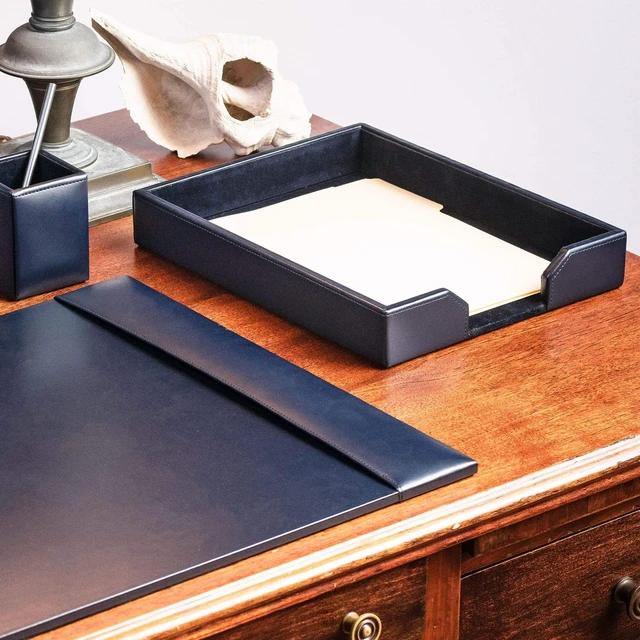Alt view image 5 of 7 - Bonded Leather Desktop Letter Tray - Luxury Letter Holder & Paper Organizer for Desk - Office Organization & Executive Desk Decor - (Navy Blue) 13.5 x 10.5 x 2