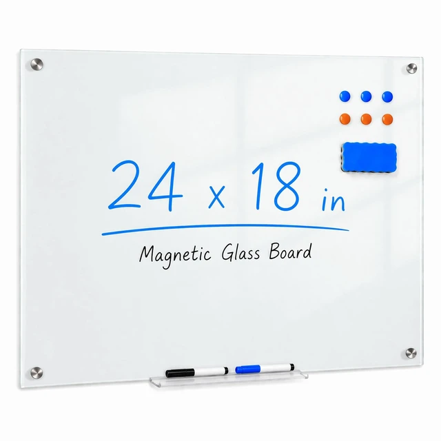 Main image of Magnetic Glass Dry Erase Board, 24x18 Inches White Board for Wall Frameless magnetic glass whiteboard; ghost-free wiping surface; dual wall mount; scratch-proof tempered glass & accessory set