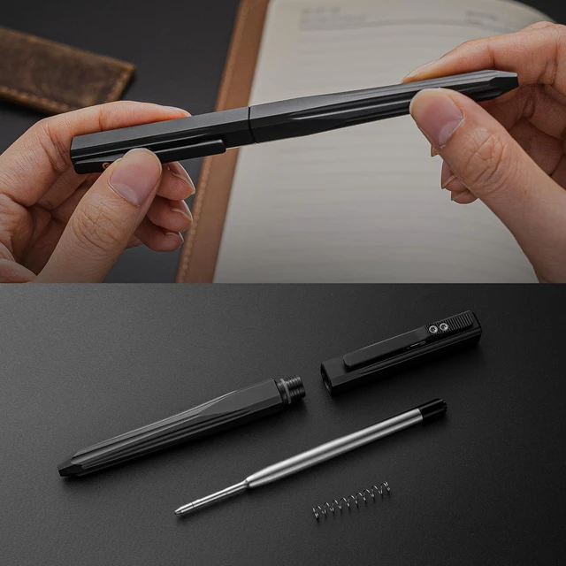 Alt view image 3 of 7 - Titanium Slide Retractable Tactical Pen (Black) Slide Clip Retractable, Fits Standard G2 Refills, Smooth Writing, Pocket Clip Portable, for Office Outdoor Signature Gift
