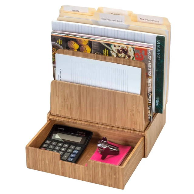 Alt view image 3 of 6 - Desktop Paper Tray File Folder Holder 5-Slot, & Bamboo Drawer Set; Storage for Office Supplies & Stationary items, pens, pencils, scissors, notepads, business cards and more