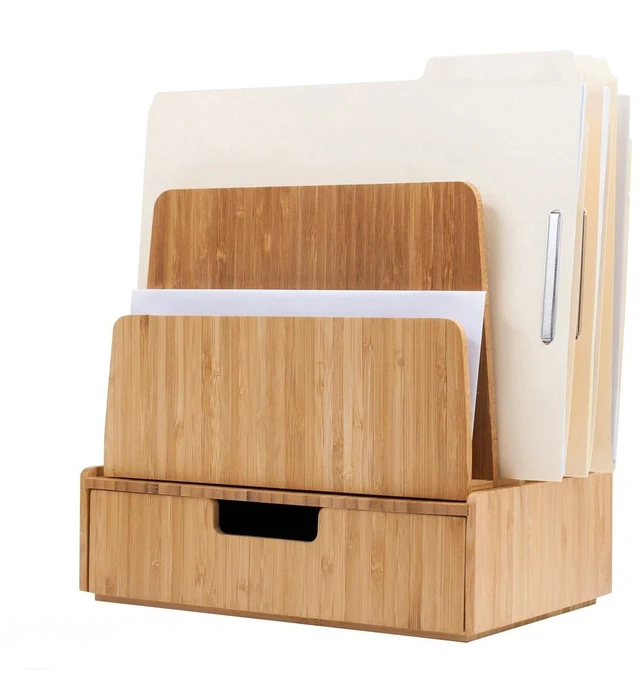 Main image of Desktop Paper Tray File Folder Holder 5-Slot, & Bamboo Drawer Set; Storage for Office Supplies & Stationary items, pens, pencils, scissors, notepads, business cards and more