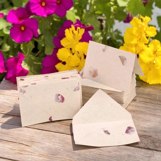Alt view image 3 of 7 - 50 Pack Lokta Cherish Cards & Envelopes, Bougainvillea Handmade lokta paper greeting cards & matching vintage envelopes, blank note cards, pressed flower petals, made in Nepal