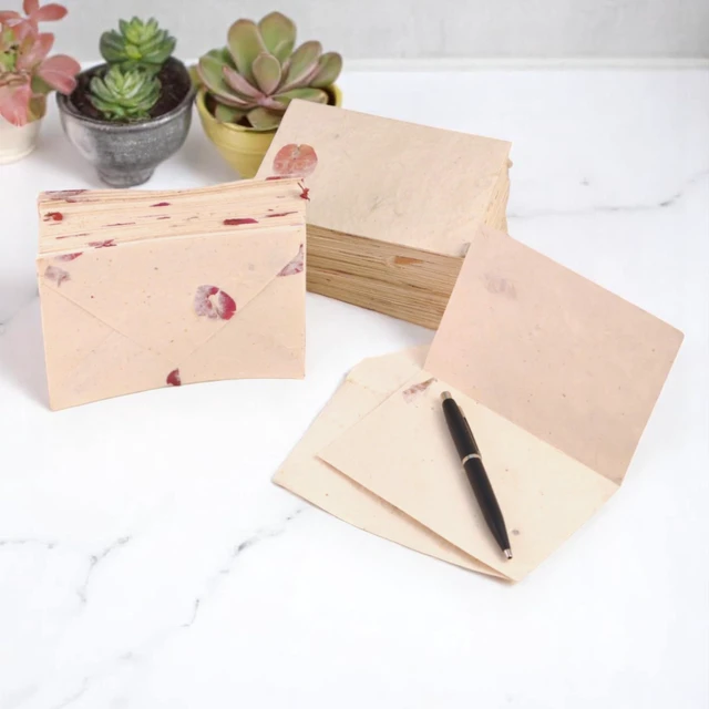 Alt view image 4 of 7 - 50 Pack Lokta Cherish Cards & Envelopes, Bougainvillea Handmade lokta paper greeting cards & matching vintage envelopes, blank note cards, pressed flower petals, made in Nepal