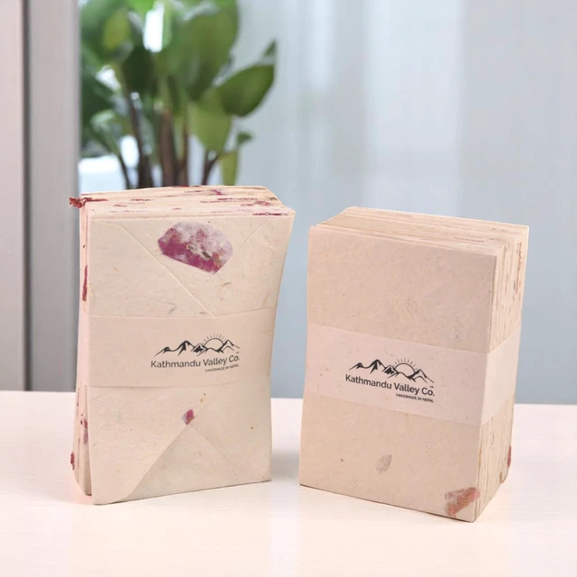 Alt view image 7 of 7 - 50 Pack Lokta Cherish Cards & Envelopes, Bougainvillea Handmade lokta paper greeting cards & matching vintage envelopes, blank note cards, pressed flower petals, made in Nepal