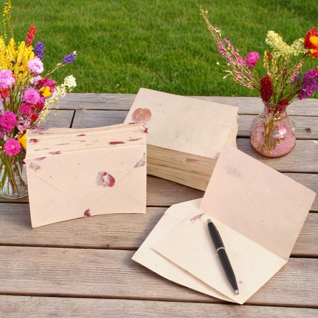 Alt view image 6 of 7 - 50 Pack Lokta Cherish Cards & Envelopes, Bougainvillea Handmade lokta paper greeting cards & matching vintage envelopes, blank note cards, pressed flower petals, made in Nepal