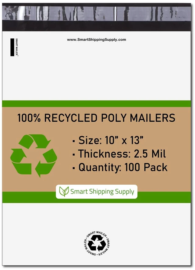 Main image of 200 Count, 10x13 inch 100% Recycled Poly Mailers Eco Friendly Packaging Envelopes Supplies Mailing Bags 2.5 Mil Thick - Mailer