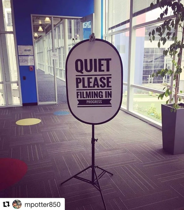 Alt view image 6 of 6 - Quiet Please Filming in Progress Sign - Large 24x36 Double Sided Collapsible Reflective Sign for Movie Set, Film Crew, Video & Recording Studio, Office, On Location - Folds Flat with Carry Case