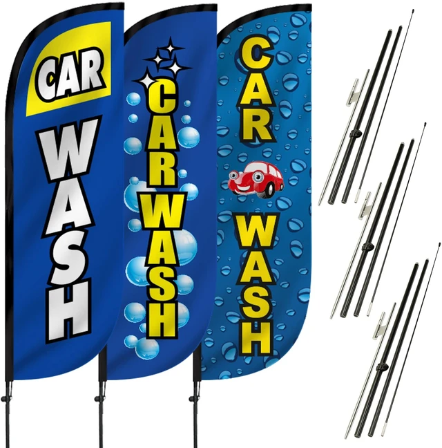 Main image of 5-Feet Tall Car Wash Themed Feather Flag Banner for Business Advertising 3-Pack, Includes 3 Banner Flags, 3 Aluminum Fiberglass Pole Sets, Bubbles, Water Drip)