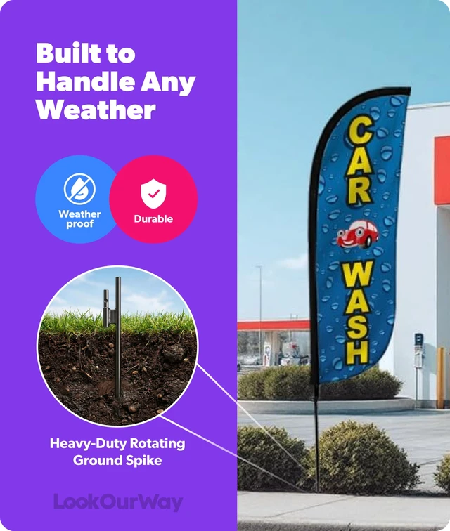 Alt view image 5 of 7 - 5-Feet Tall Car Wash Themed Feather Flag Banner for Business Advertising 3-Pack, Includes 3 Banner Flags, 3 Aluminum Fiberglass Pole Sets, Bubbles, Water Drip)