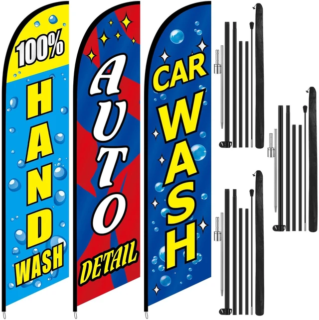 Main image of 3 Pcs 15 Feet Car Wash Feather Flag with Pole Kit Auto Detail Weatherproof Outdoor Banners for Detailing Shops, Pole Kit with Ground Stakes, Hand Wash Signs for Roadside Visibility