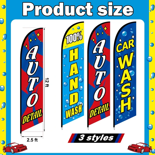 Alt view image 2 of 7 - 3 Pcs 15 Feet Car Wash Feather Flag with Pole Kit Auto Detail Weatherproof Outdoor Banners for Detailing Shops, Pole Kit with Ground Stakes, Hand Wash Signs for Roadside Visibility