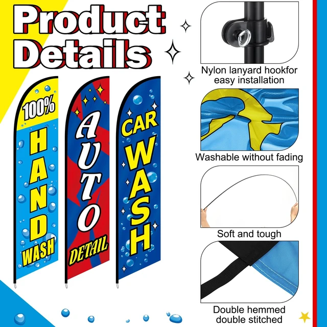 Alt view image 4 of 7 - 3 Pcs 15 Feet Car Wash Feather Flag with Pole Kit Auto Detail Weatherproof Outdoor Banners for Detailing Shops, Pole Kit with Ground Stakes, Hand Wash Signs for Roadside Visibility