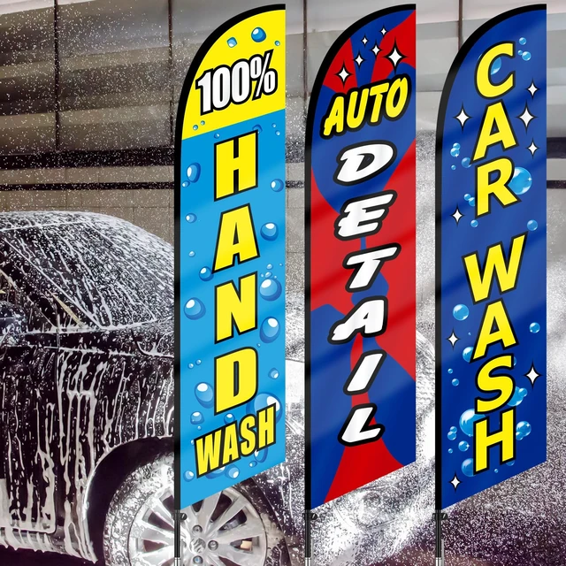 Alt view image 5 of 7 - 3 Pcs 15 Feet Car Wash Feather Flag with Pole Kit Auto Detail Weatherproof Outdoor Banners for Detailing Shops, Pole Kit with Ground Stakes, Hand Wash Signs for Roadside Visibility