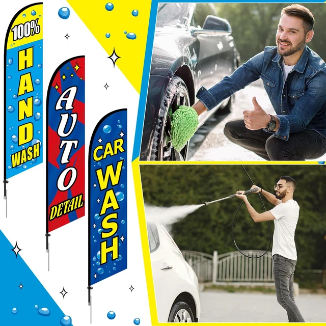 Alt view image 6 of 7 - 3 Pcs 15 Feet Car Wash Feather Flag with Pole Kit Auto Detail Weatherproof Outdoor Banners for Detailing Shops, Pole Kit with Ground Stakes, Hand Wash Signs for Roadside Visibility