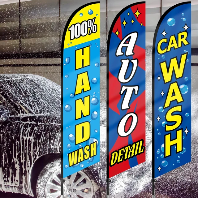 Alt view image 7 of 7 - 3 Pcs 15 Feet Car Wash Feather Flag with Pole Kit Auto Detail Weatherproof Outdoor Banners for Detailing Shops, Pole Kit with Ground Stakes, Hand Wash Signs for Roadside Visibility