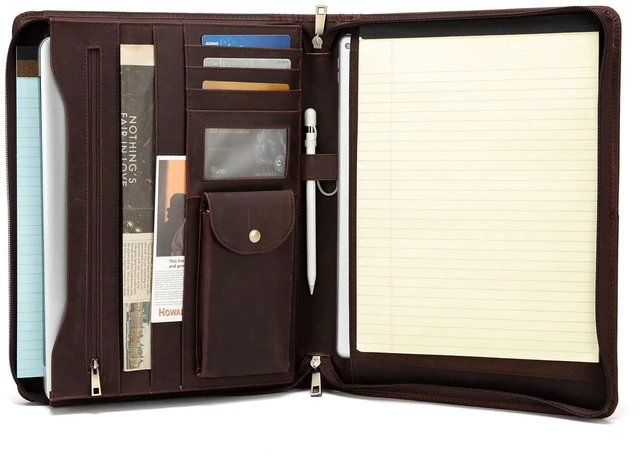 Main image of Handmade Leather Portfolio for 8.5 x 11" Notepad and 13" Tablet Zippered Padfolio, Professional Business Travel Organizer Case Folio Gift for Women and Men (Dark Brown, Crazy Horse Leather)