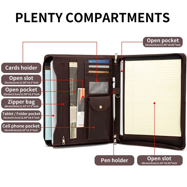 Alt view image 3 of 7 - Handmade Leather Portfolio for 8.5 x 11" Notepad and 13" Tablet Zippered Padfolio, Professional Business Travel Organizer Case Folio Gift for Women and Men (Dark Brown, Crazy Horse Leather)