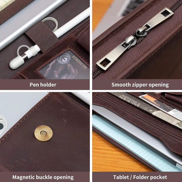 Alt view image 4 of 7 - Handmade Leather Portfolio for 8.5 x 11" Notepad and 13" Tablet Zippered Padfolio, Professional Business Travel Organizer Case Folio Gift for Women and Men (Dark Brown, Crazy Horse Leather)