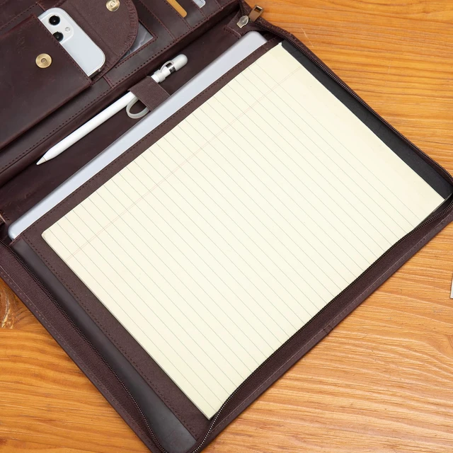 Alt view image 6 of 7 - Handmade Leather Portfolio for 8.5 x 11" Notepad and 13" Tablet Zippered Padfolio, Professional Business Travel Organizer Case Folio Gift for Women and Men (Dark Brown, Crazy Horse Leather)