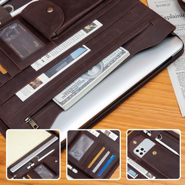 Alt view image 5 of 7 - Handmade Leather Portfolio for 8.5 x 11" Notepad and 13" Tablet Zippered Padfolio, Professional Business Travel Organizer Case Folio Gift for Women and Men (Dark Brown, Crazy Horse Leather)
