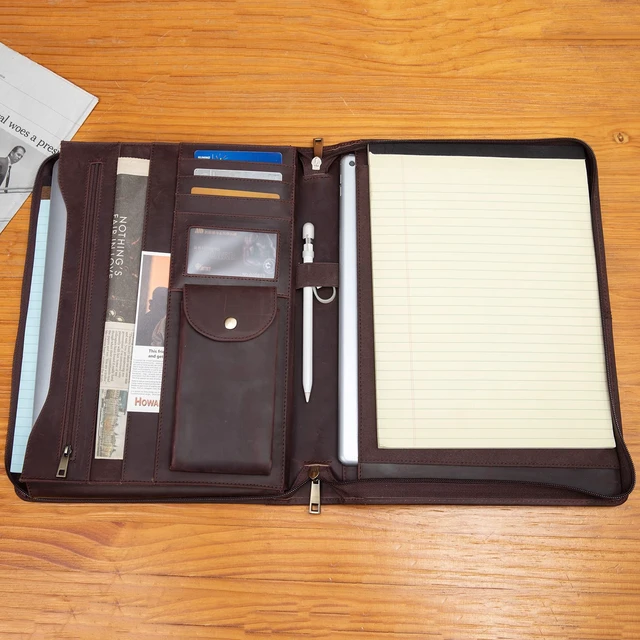 Alt view image 7 of 7 - Handmade Leather Portfolio for 8.5 x 11" Notepad and 13" Tablet Zippered Padfolio, Professional Business Travel Organizer Case Folio Gift for Women and Men (Dark Brown, Crazy Horse Leather)
