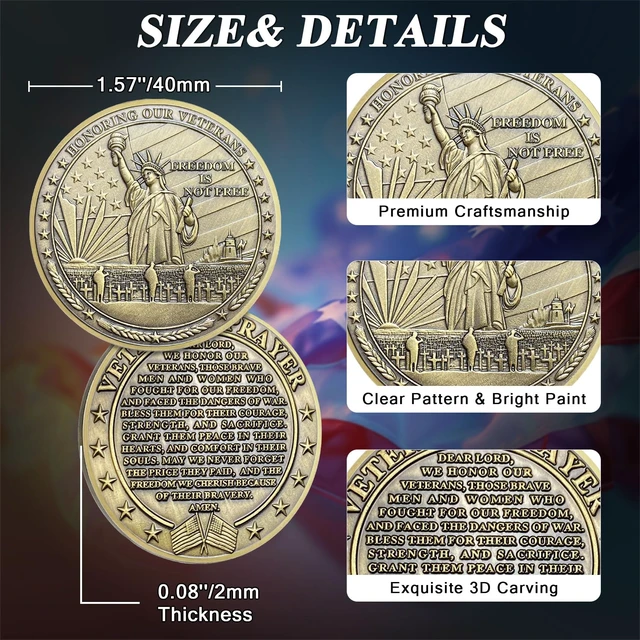 Alt view image 3 of 7 - 100 Pcs Statue of Liberty Military Challenge Coins Veterans Prayer Tokens Veteran Appreciation Gift for Veterans Day Retirement Homecoming Service Recognition Memorials and Patriotic Events