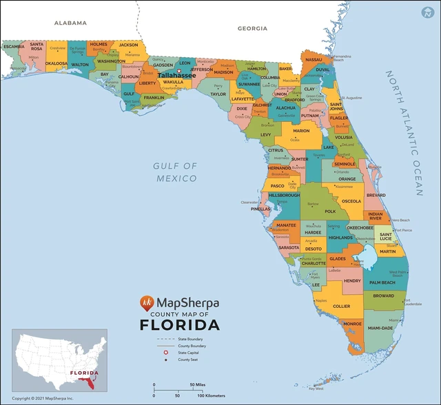 Main image of Florida Counties Map - Large - 48" x 44.25" Laminated