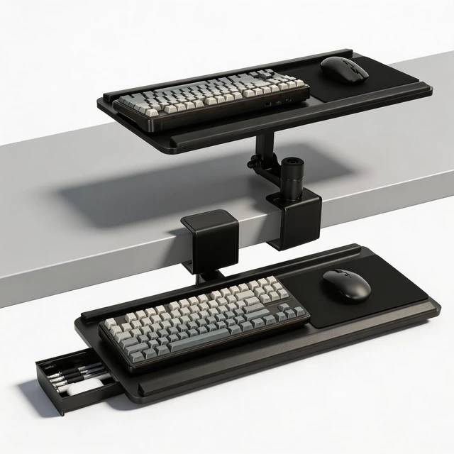 Main image of Adjustable Under Desk Keyboard Tray, 25"×10.6"360° Rotating Ergonomic Tray Clamp On Keyboard and Mouse Tray with Drawer, Desk Mount Tray for Office Gaming Studying
