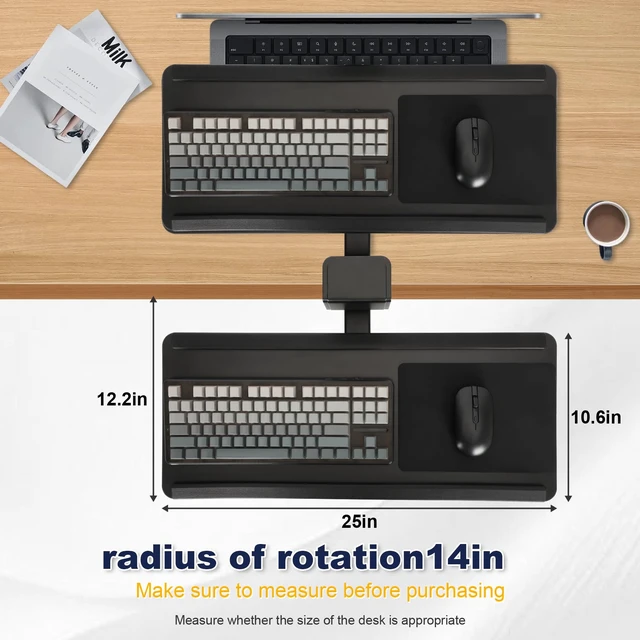 Alt view image 2 of 7 - Adjustable Under Desk Keyboard Tray, 25"×10.6"360° Rotating Ergonomic Tray Clamp On Keyboard and Mouse Tray with Drawer, Desk Mount Tray for Office Gaming Studying