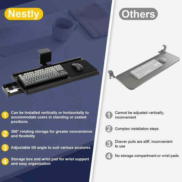 Alt view image 3 of 7 - Adjustable Under Desk Keyboard Tray, 25"×10.6"360° Rotating Ergonomic Tray Clamp On Keyboard and Mouse Tray with Drawer, Desk Mount Tray for Office Gaming Studying