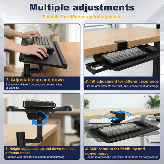 Alt view image 4 of 7 - Adjustable Under Desk Keyboard Tray, 25"×10.6"360° Rotating Ergonomic Tray Clamp On Keyboard and Mouse Tray with Drawer, Desk Mount Tray for Office Gaming Studying