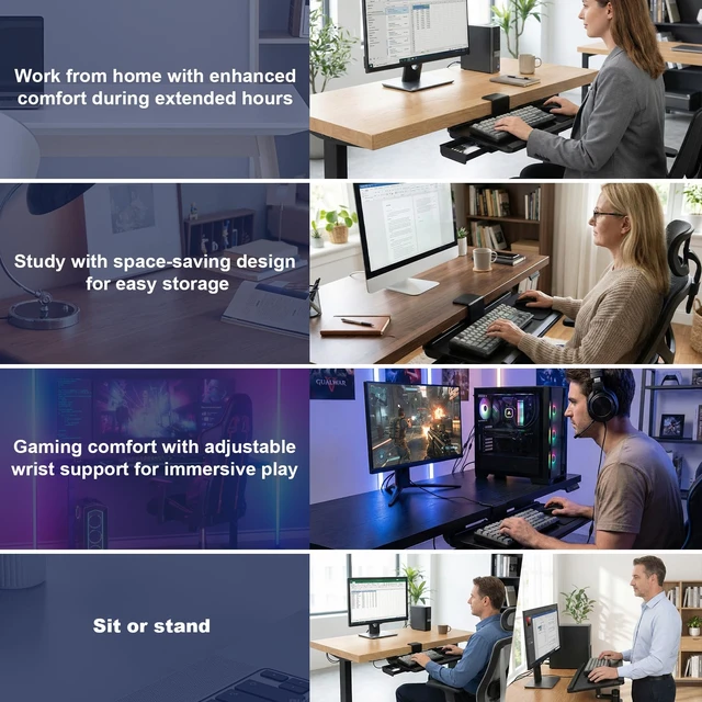 Alt view image 6 of 7 - Adjustable Under Desk Keyboard Tray, 25"×10.6"360° Rotating Ergonomic Tray Clamp On Keyboard and Mouse Tray with Drawer, Desk Mount Tray for Office Gaming Studying