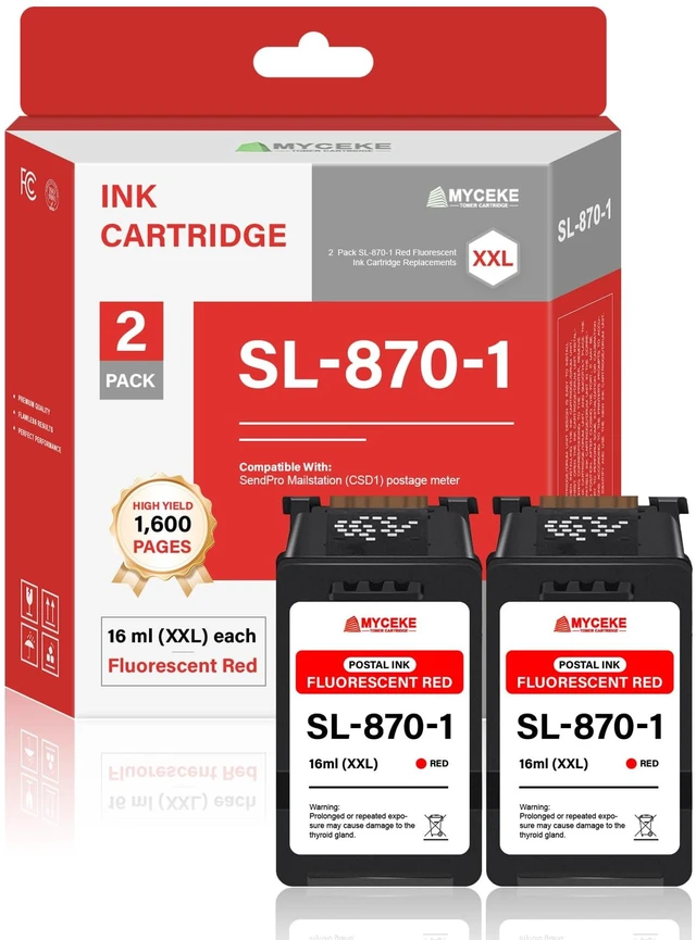 Main image of 2 Pack SL-870-1 XXL Red Ink Cartridge: Compatible SL 870 1 Fluorescent Red Postage Ink Cartridges Replacement for Pitney Bowes New SendPro Mailstation Postage Meter (16ml * 2)