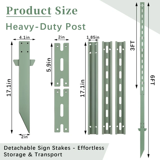 Alt view image 3 of 7 - 6 Ft Sign Stake Post, Heavy Duty Wind-Resistant Yard Sign Stakes (Pack of 2), 5.5 lb Steel Survey Stakes with Green Powder Coating, Ground Anchor Sign Holder for Outdoor Parking, Lawn, Events