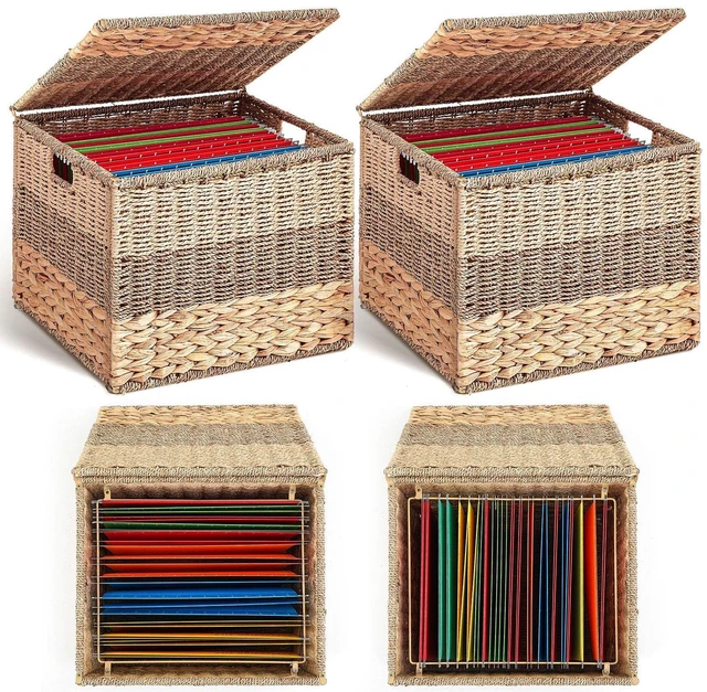 Main image of 2pcs Decorative File Box Wicker File Basket, Letter Size Hanging Filing Cabinet with Lid, Handwoven Storage Organizer, Document Home Office, School Years Memory Box, Water Hyacinth
