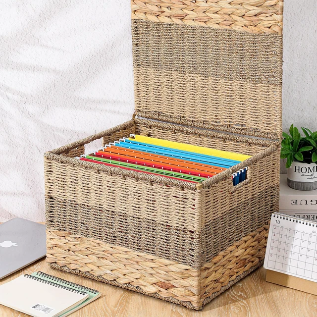 Alt view image 2 of 6 - 2pcs Decorative File Box Wicker File Basket, Letter Size Hanging Filing Cabinet with Lid, Handwoven Storage Organizer, Document Home Office, School Years Memory Box, Water Hyacinth