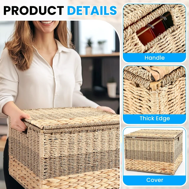 Alt view image 3 of 6 - 2pcs Decorative File Box Wicker File Basket, Letter Size Hanging Filing Cabinet with Lid, Handwoven Storage Organizer, Document Home Office, School Years Memory Box, Water Hyacinth