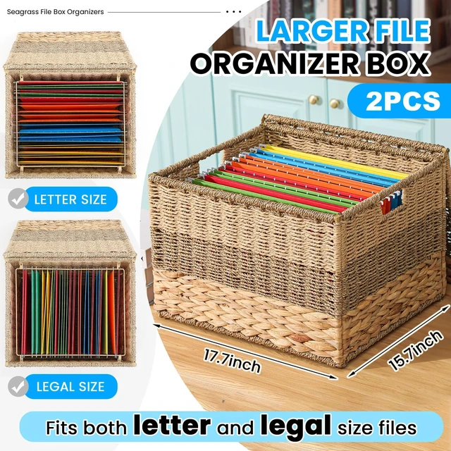 Alt view image 4 of 6 - 2pcs Decorative File Box Wicker File Basket, Letter Size Hanging Filing Cabinet with Lid, Handwoven Storage Organizer, Document Home Office, School Years Memory Box, Water Hyacinth