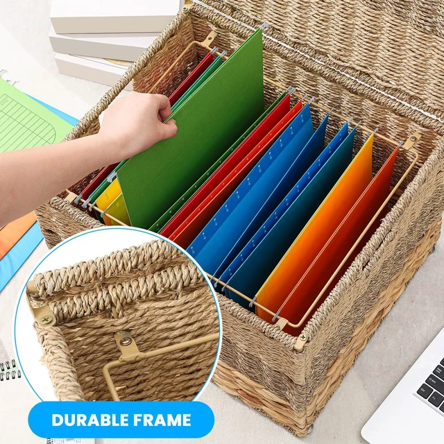 Alt view image 5 of 6 - 2pcs Decorative File Box Wicker File Basket, Letter Size Hanging Filing Cabinet with Lid, Handwoven Storage Organizer, Document Home Office, School Years Memory Box, Water Hyacinth
